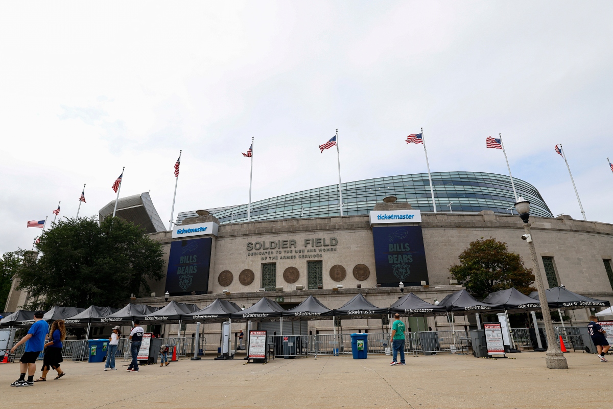 FILE - A general exterior view of Soldier Field is seen prior to an NFL preseason football game, Aug. 17, 2025, in Chicago.