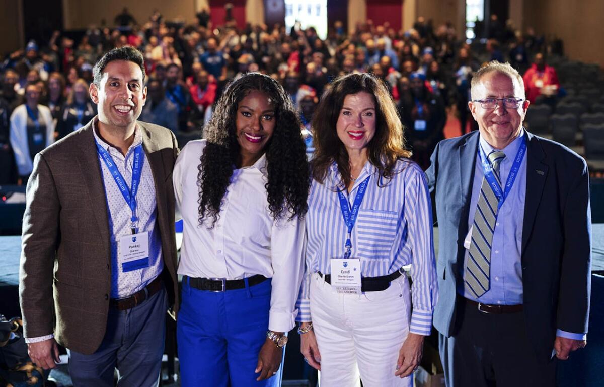 New leaders at the Illinois Federation of Teachers include, from left: Pankaj Sharma, secretary-treasurer; Stacy Davis Gates, president; Cyndi Oberle-Dahm, executive vice president, and John Miller, membership secretary.