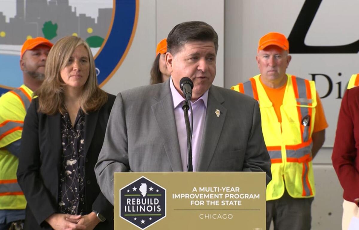 Gov. JB Pritzker announces the state’s six-year, $50.6 billion infrastructure plan at a news conference Wednesday in Chicago. (Illinois.gov screenshot)