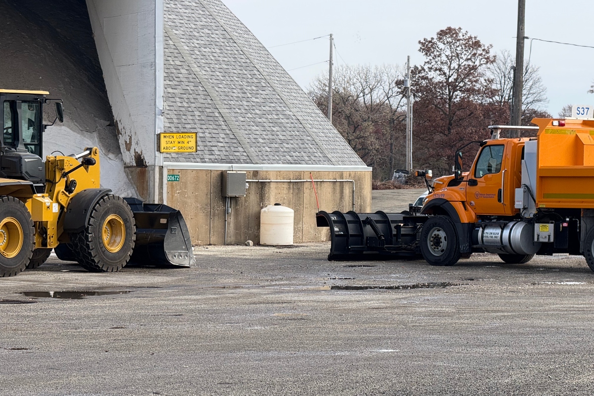 An Illinois Department of Transportation plow gets ready to be loaded with salt ahead of the winter plowing season.