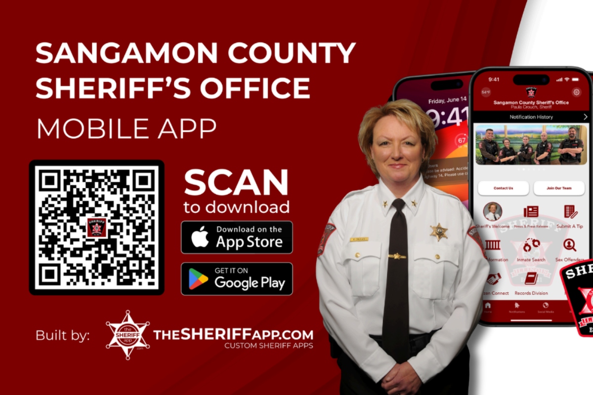 A screenshot of part of an ad touting the new Sangamon County Sheriff's Office mobile app.