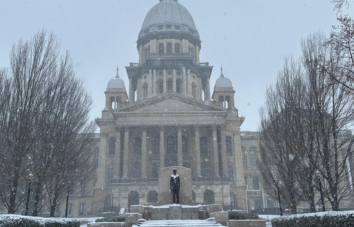Snow falls on the Illinois Capitol Saturday, November 29.