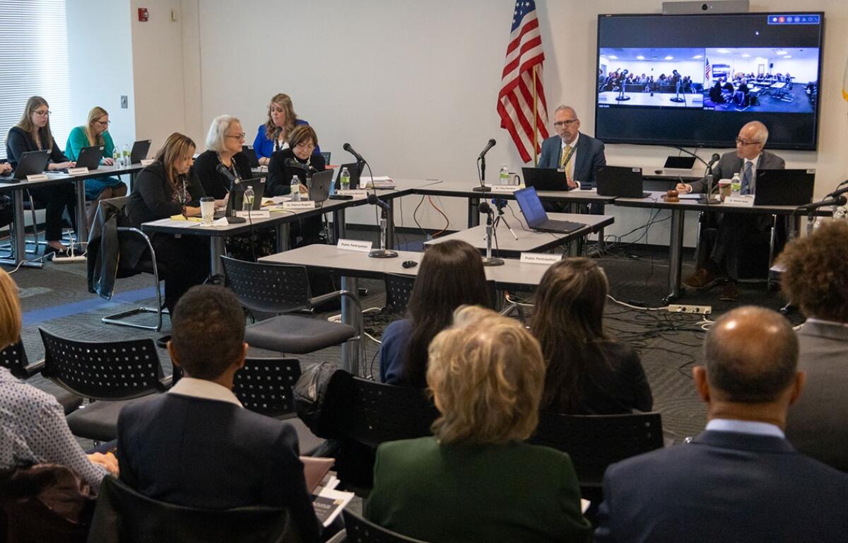Members of the Illinois State Board of Education and Superintendent Tony Sanders are pictured at a 2023 board meeting. (Capitol News Illinois photo by Andrew Adams)