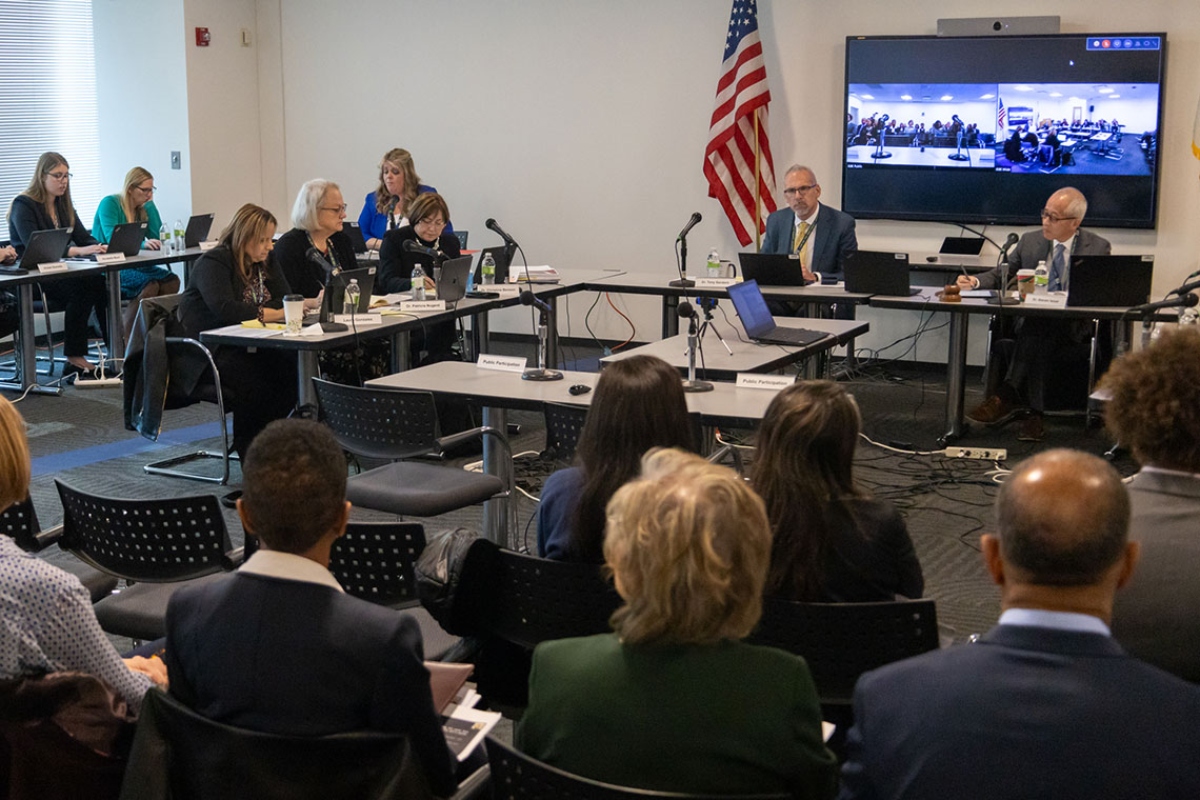 Members of the Illinois State Board of Education and Superintendent Tony Sanders are pictured at a 2023 board meeting. (Capitol News Illinois photo by Andrew Adams)