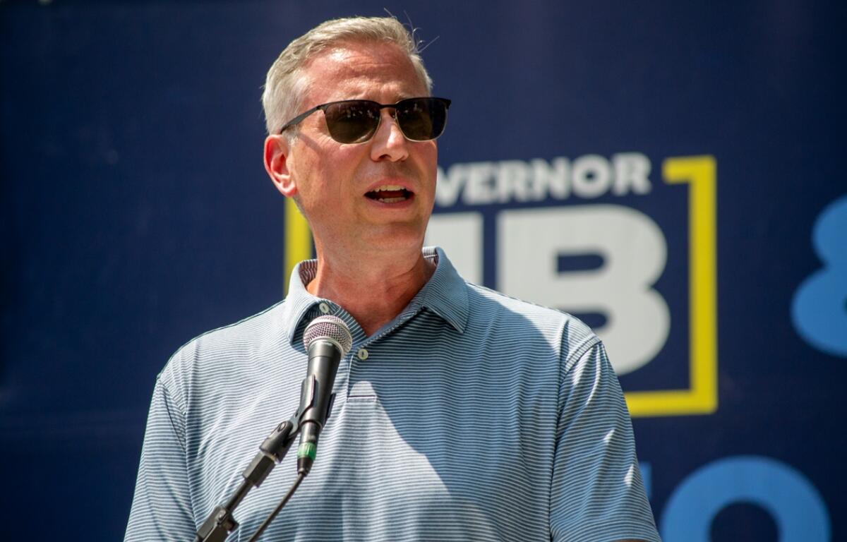Illinois Treasurer Mike Frerichs speaks at the Illinois State Fair in Springfield in August. No Republican filed to run against him in 2026 by the initial Nov. 4 filing deadline. (Capitol News Illinois photo by Jerry Nowicki)