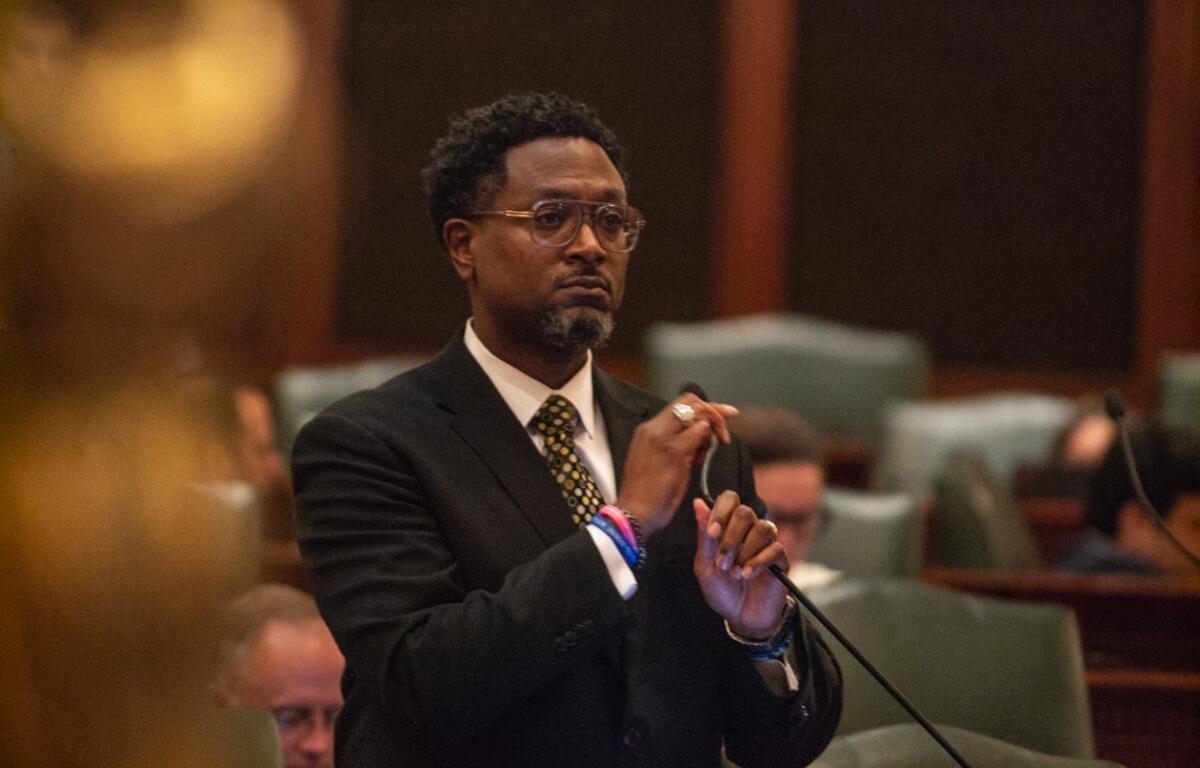 State Rep. Maurice West, D-Rockford, speaks on the House floor on Thursday, Oct. 30, 2025. (Capitol News Illinois photo by Jerry Nowicki)