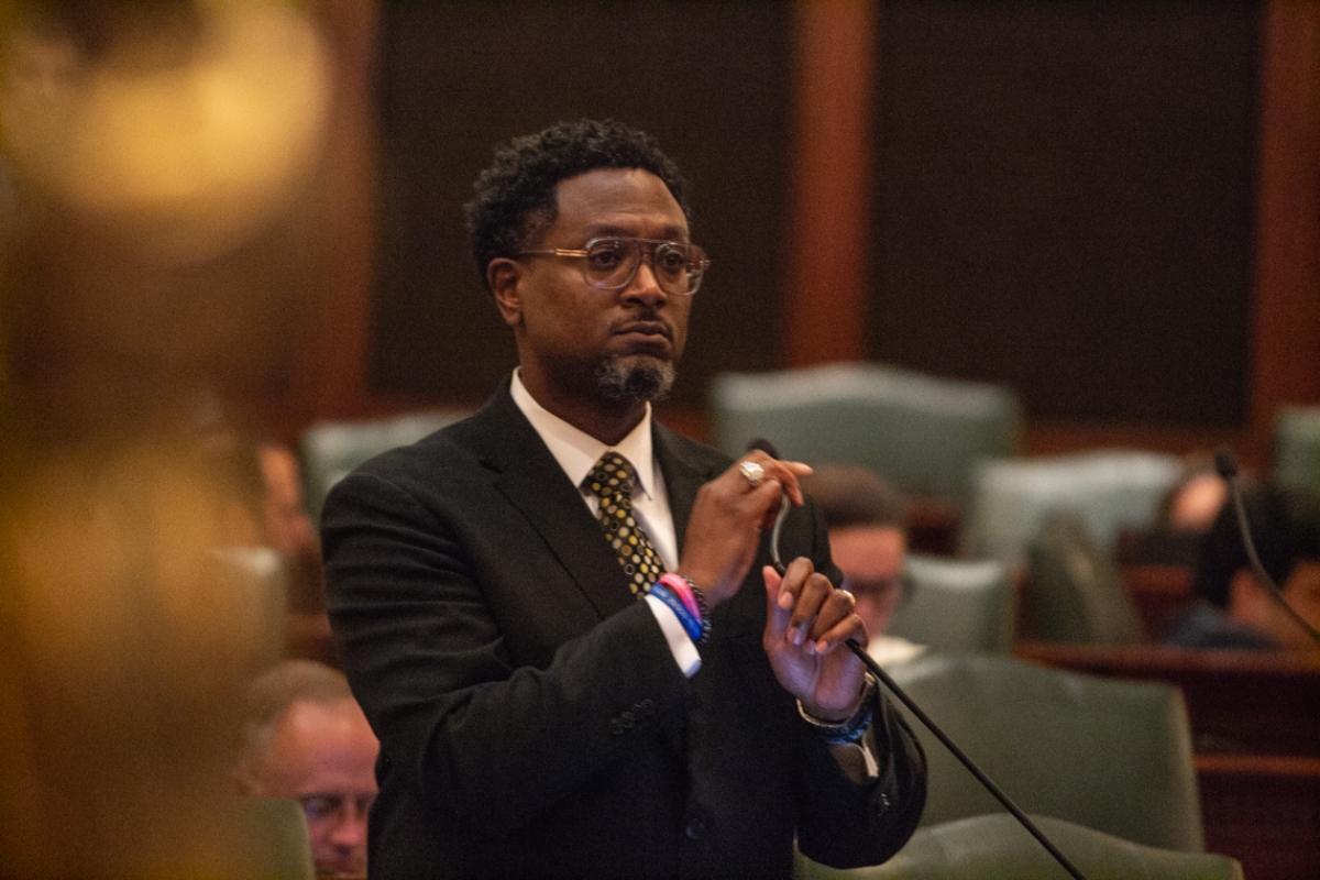 State Rep. Maurice West, D-Rockford, speaks on the House floor on Thursday, Oct. 30, 2025. (Capitol News Illinois photo by Jerry Nowicki)