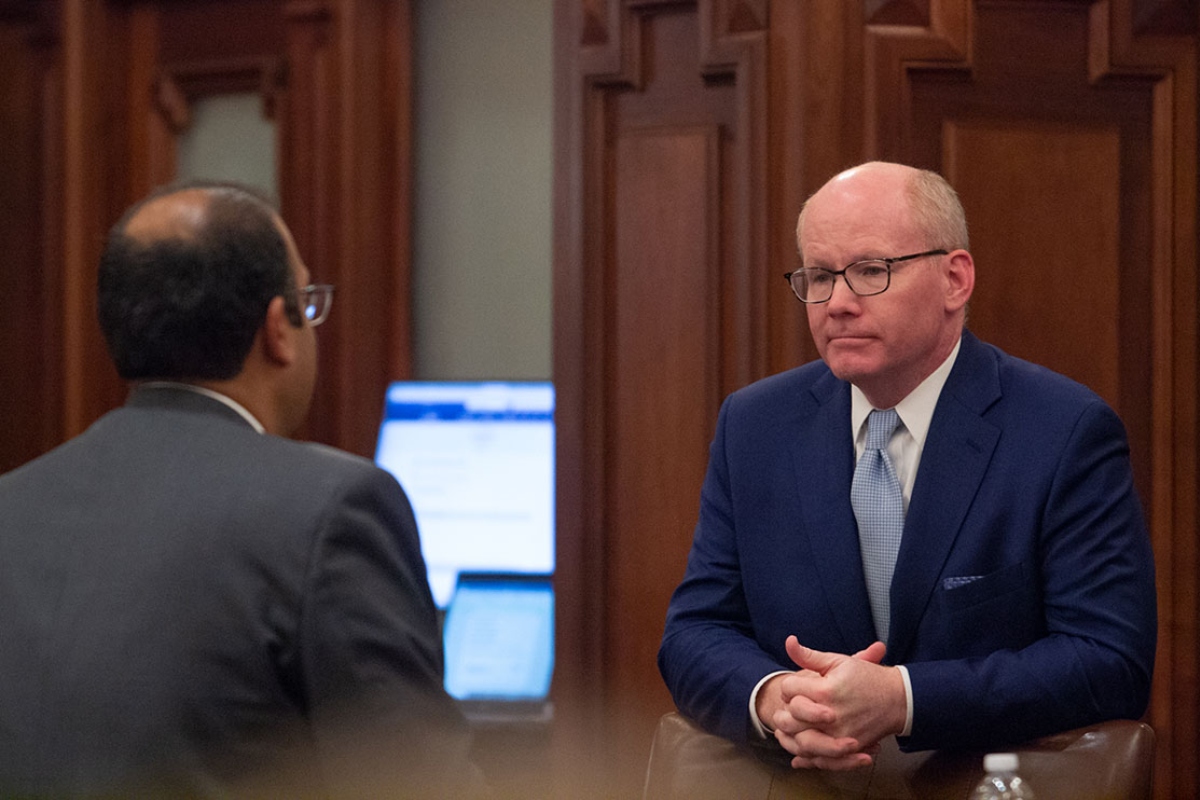 Senate President Don Harmon, D-Oak Park, confers with Sen. Ram Villivalam on the Senate floor on Oct. 30, 2025. (Capitol News Illinois photo by Jerry Nowicki)