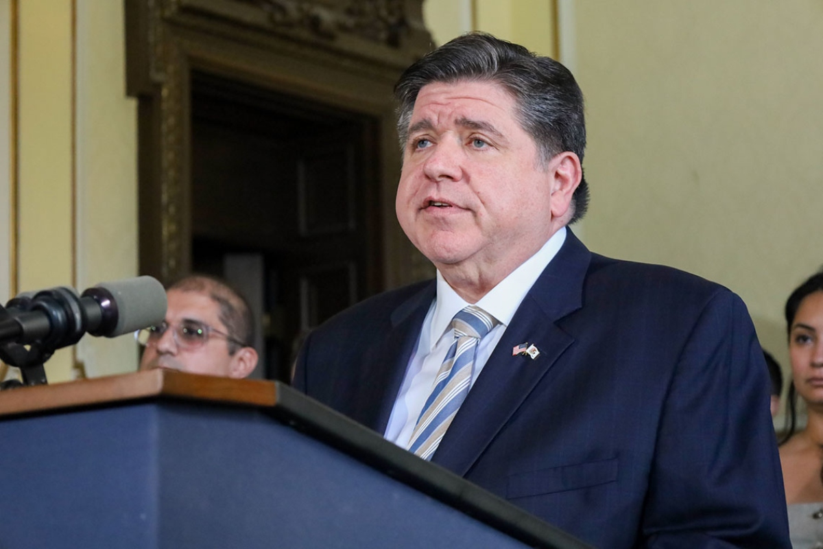 Gov. JB Pritzker takes questions in his Capitol office on Thursday, Oct. 30. (CNI photo by Andrew Adams)