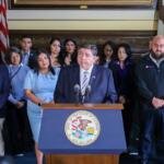 Gov. JB Pritzker, lawmakers and immigration advocates discuss the federal government’s aggressive immigration enforcement campaign in his Springfield office on Oct. 30, 2025.