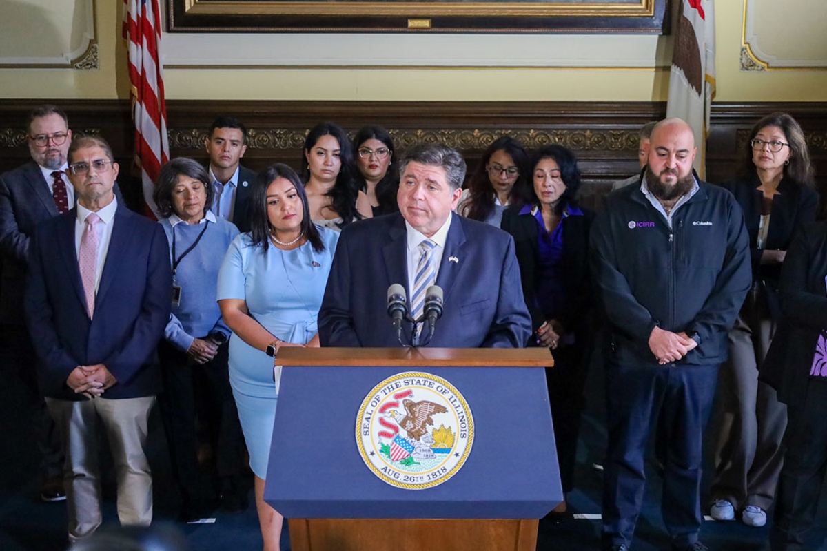 Gov. JB Pritzker, lawmakers and immigration advocates discuss the federal government’s aggressive immigration enforcement campaign in his Springfield office on Oct. 30, 2025.