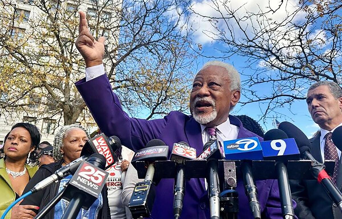 Sonya Massey’s father, James Wilburn, speaks outside the Peoria County Courthouse in Peoria, Ill. on Wednesday, October 29, 2025. (AP Photo/John O’Connor)