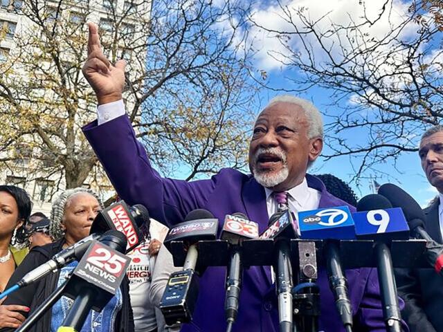 Sonya Massey’s father, James Wilburn, speaks outside the Peoria County Courthouse in Peoria, Ill. on Wednesday, October 29, 2025. (AP Photo/John O’Connor)