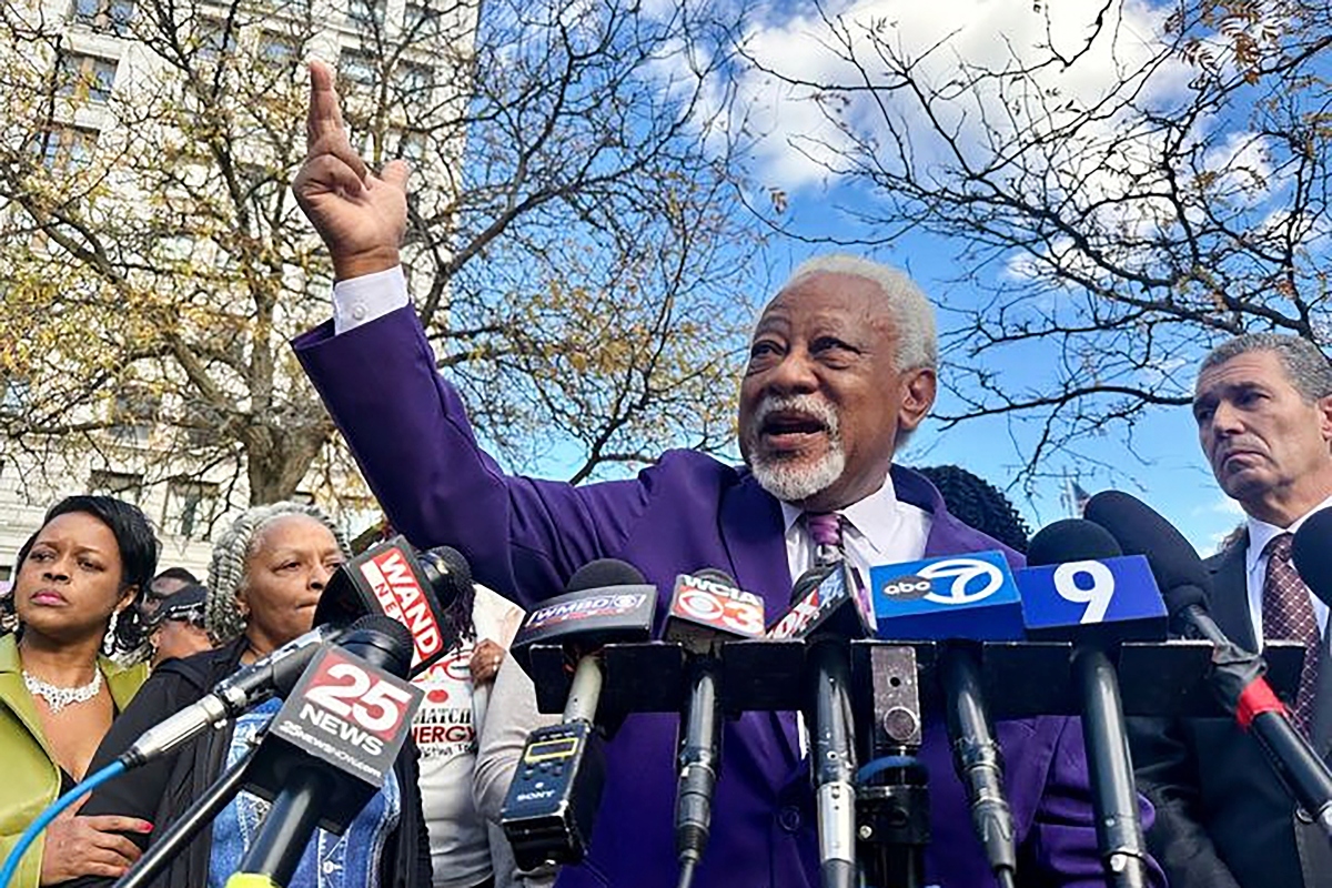 Sonya Massey’s father, James Wilburn, speaks outside the Peoria County Courthouse in Peoria, Ill. on Wednesday, October 29, 2025. (AP Photo/John O’Connor)