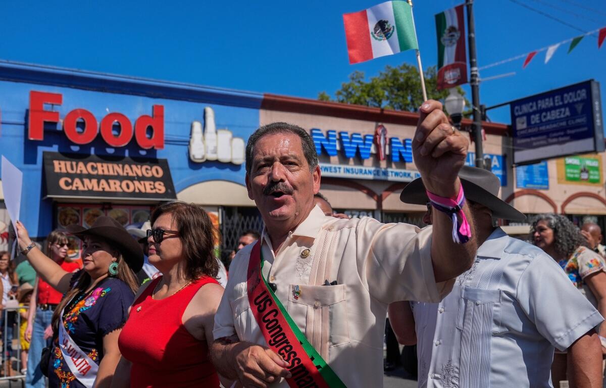 FILE - U.S. Rep. Jesús "Chuy" García marches in the Mexican Independence Day Parade, Sept. 14, 2025, in the Little Village neighborhood of Chicago. (AP Photo/Erin Hooley, File)