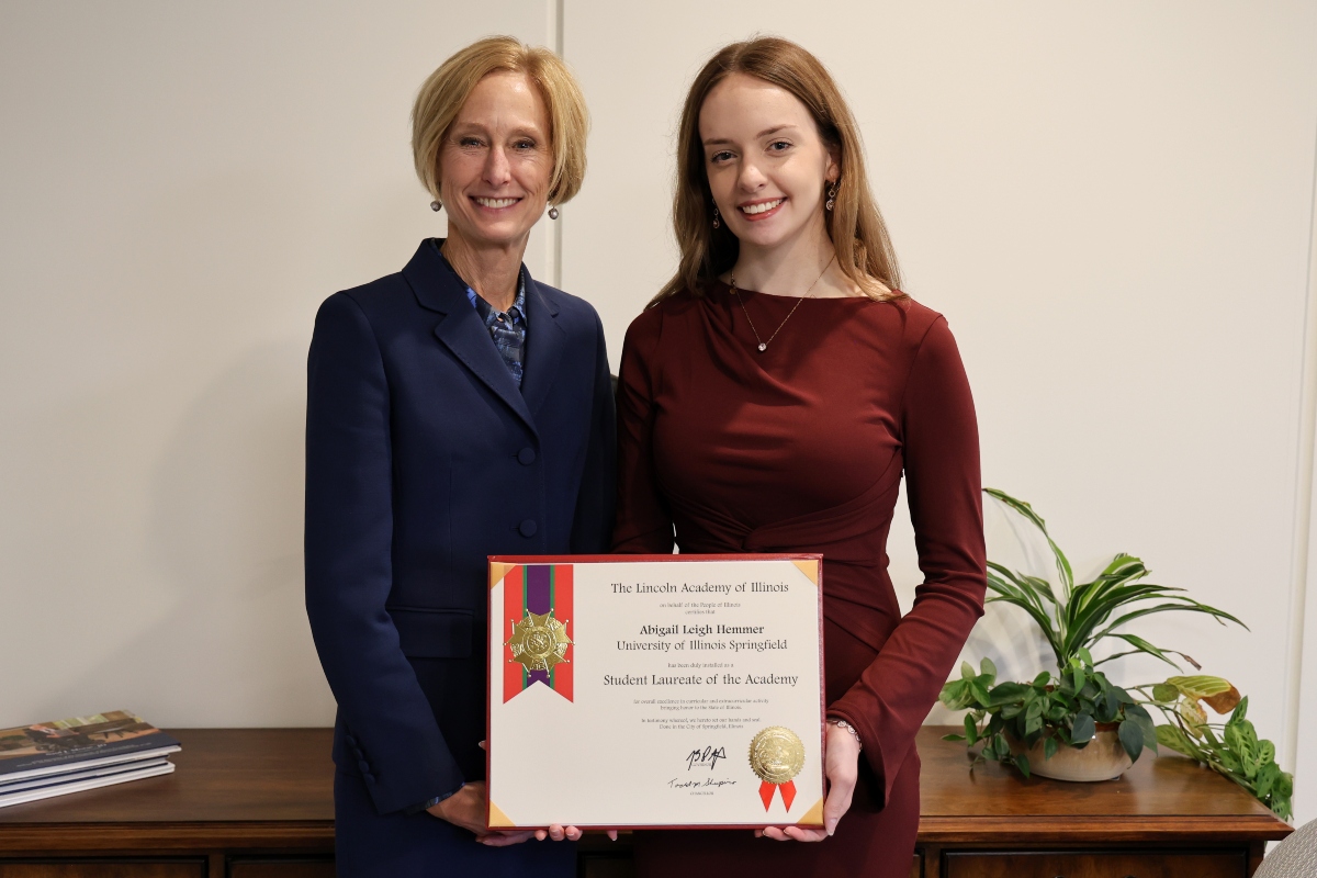UIS Chancellor Janet Gooch (left) posing with Abigail Hemmer