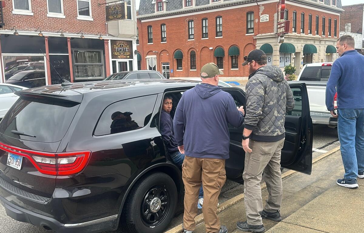 Jose Jeronimo Guardian, 48, was detained for deportation at the Clinton County Courthouse on Monday, October 27, 2025, in Carlyle, Illinois. The men who arrested Guardian declined to identify themselves and took him out of the courthouse in handcuffs. Guardian is undocumented and was attempting to go to a Spanish-language traffic court for charges unrelated to his immigration status. (Illinois Answers Project photo by Janelle O’Dea)