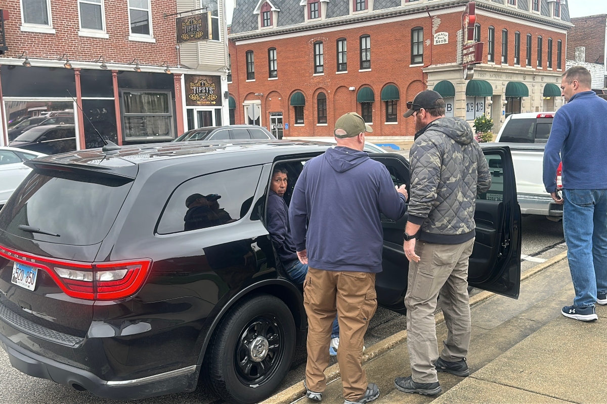 Jose Jeronimo Guardian, 48, was detained for deportation at the Clinton County Courthouse on Monday, October 27, 2025, in Carlyle, Illinois. The men who arrested Guardian declined to identify themselves and took him out of the courthouse in handcuffs. Guardian is undocumented and was attempting to go to a Spanish-language traffic court for charges unrelated to his immigration status. (Illinois Answers Project photo by Janelle O’Dea)