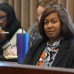 Illinois Department of Corrections Director Latoya Hughes listens during a public hearing Tuesday, Nov. 4, 2025, on a proposed administrative rule allowing the agency to scan inmates’ incoming mail to reduce the flow of drugs and other contraband entering state prisons. (Capitol News Illinois photo by Peter Hancock)