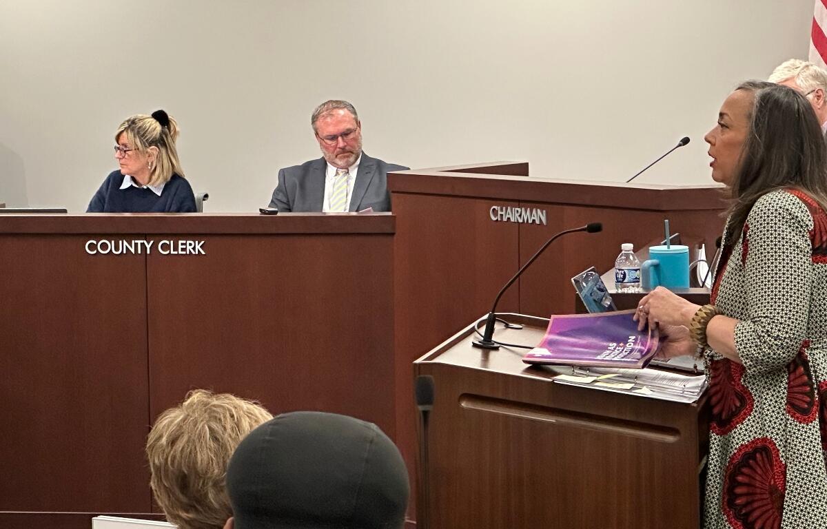 Kelly Hurst (right), managing director of the Massey Commission, speaks to the Sangamon County Board.