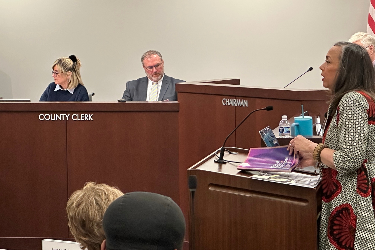 Kelly Hurst (right), managing director of the Massey Commission, speaks to the Sangamon County Board.