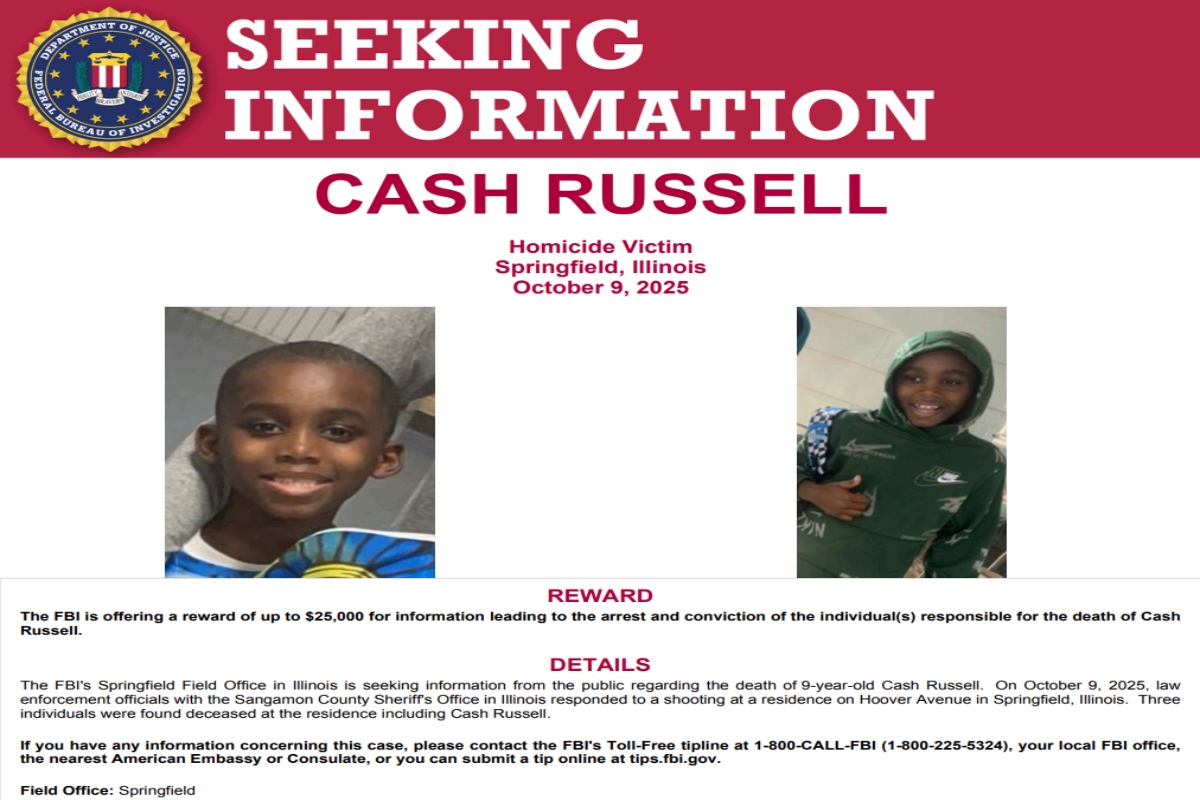 This FBI reward poster is being released regarding the October, 2025 triple homicide in Springfield.