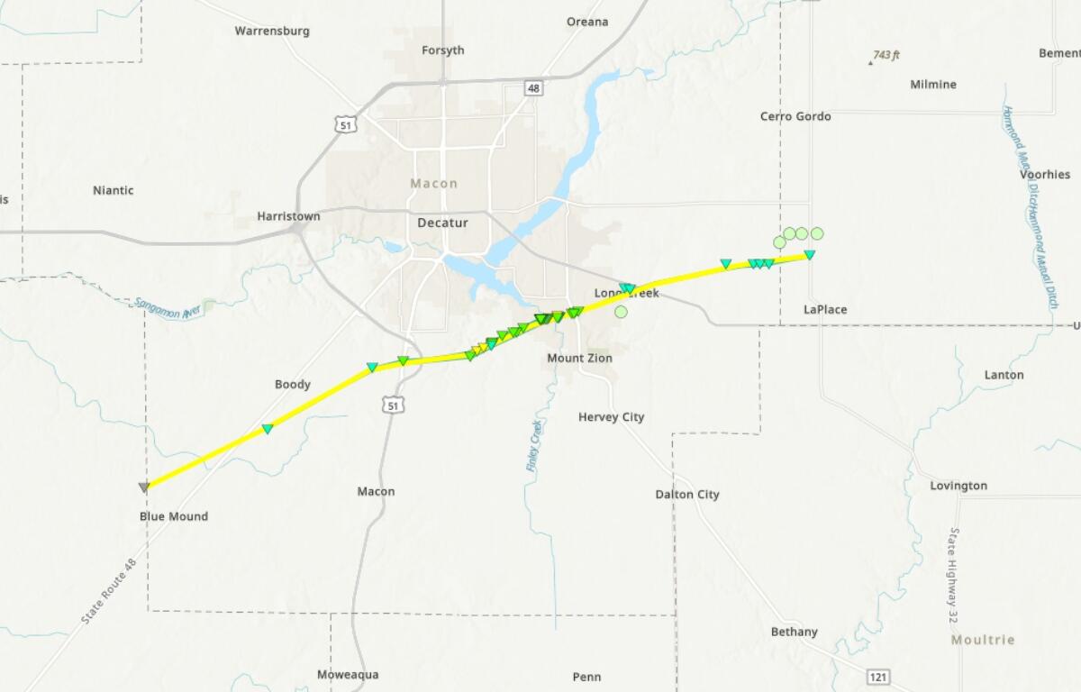 The path of a tornado Sunday that started near the Macon-Christian County line was nearly 24 miles.