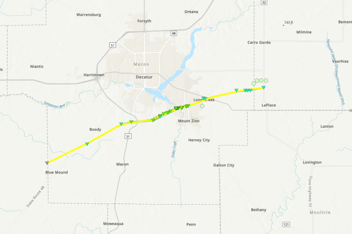 The path of a tornado Sunday that started near the Macon-Christian County line was nearly 24 miles.