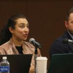 Emergency medicine physician Rohini Haar (left) and New Life Centers Chief Executive Officer Matt DeMateo provide testimony to the Illinois Accountability Commission during its Dec. 18 public meeting. (Capitol News Illinois photo by Maggie Dougherty)