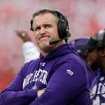 FILE - Northwestern head coach Pat Fitzgerald looks up on the sideline during the first half of an NCAA college football game against Wisconsin Saturday, Sept. 28, 2019, in Madison, Wis. (AP Photo/Andy Manis, File)