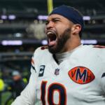 Chicago Bears quarterback Caleb Williams (18) celebrates his team's win over the Philadelphia Eagles in an NFL football game, Friday, Nov. 28, 2025, in Philadelphia. (AP Photo/Matt Slocum)
