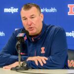 Illinois football head coach Brett Bielema talks about Illinois' upcoming appearance in the Liberty Mutual Music City Bowl prior an NCAA college basketball game between Nebraska and Illinois Saturday, Dec. 13, 2025, in Champaign, Ill. (AP Photo/Craig Pessman)