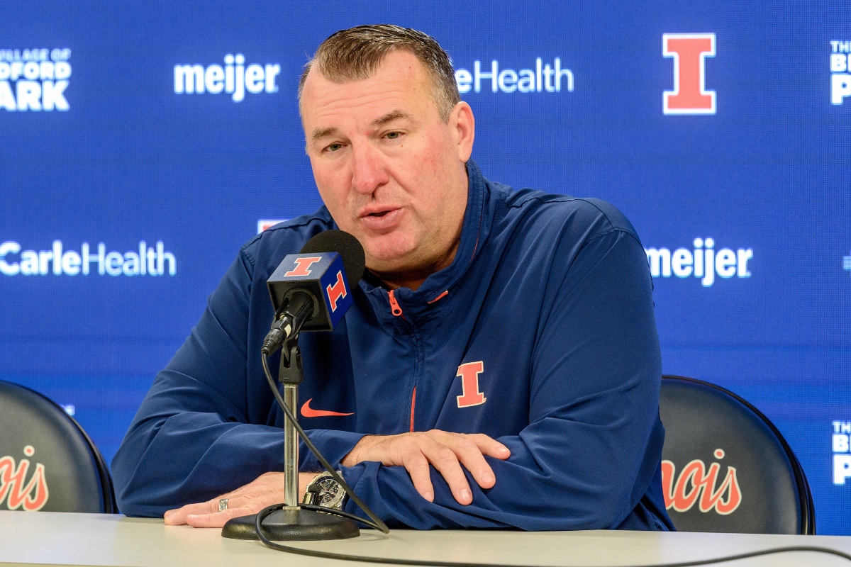 Illinois football head coach Brett Bielema talks about Illinois' upcoming appearance in the Liberty Mutual Music City Bowl prior an NCAA college basketball game between Nebraska and Illinois Saturday, Dec. 13, 2025, in Champaign, Ill. (AP Photo/Craig Pessman)