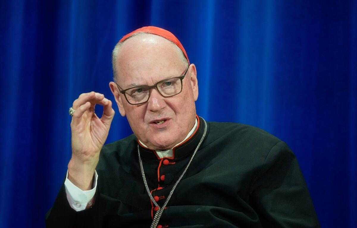 FILE - Cardinal Timothy Dolan of New York attends a news conference at the North American College in Rome, May 9, 2025. (AP Photo/Gregorio Borgia, File)