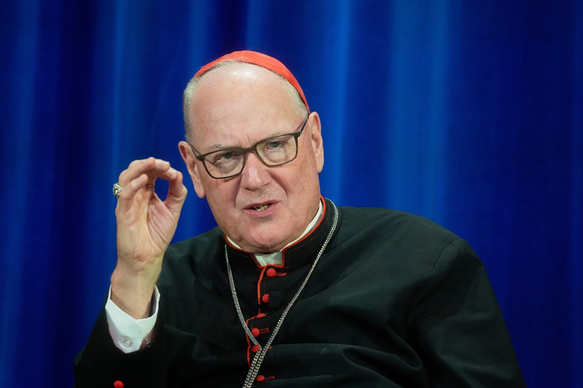 FILE - Cardinal Timothy Dolan of New York attends a news conference at the North American College in Rome, May 9, 2025. (AP Photo/Gregorio Borgia, File)