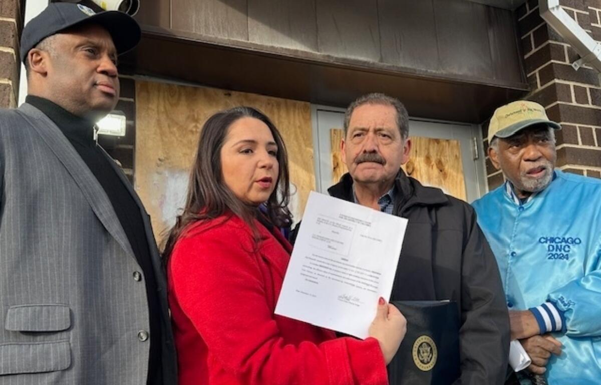 Four Illinois members of Congress left to right; Rep. Jonathan Jackson, D-Ill., Rep. Delia Ramirez, D-Ill., Jesus Garcia, D-Ill., and Rep. Danny Davis, D-Ill., are allowed to enter the U.S. Immigration and Customs Enforcement processing center Monday, Dec. 22, 2025, in Broadview, Ill. (AP Photo/Sophia Tareen)