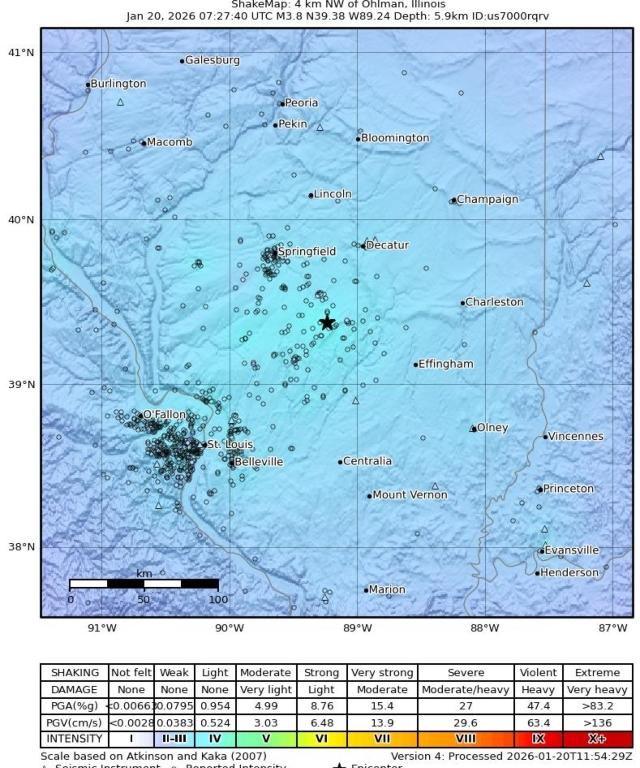 A map where Tuesday morning's earthquake was said to be felt, and its intensity.