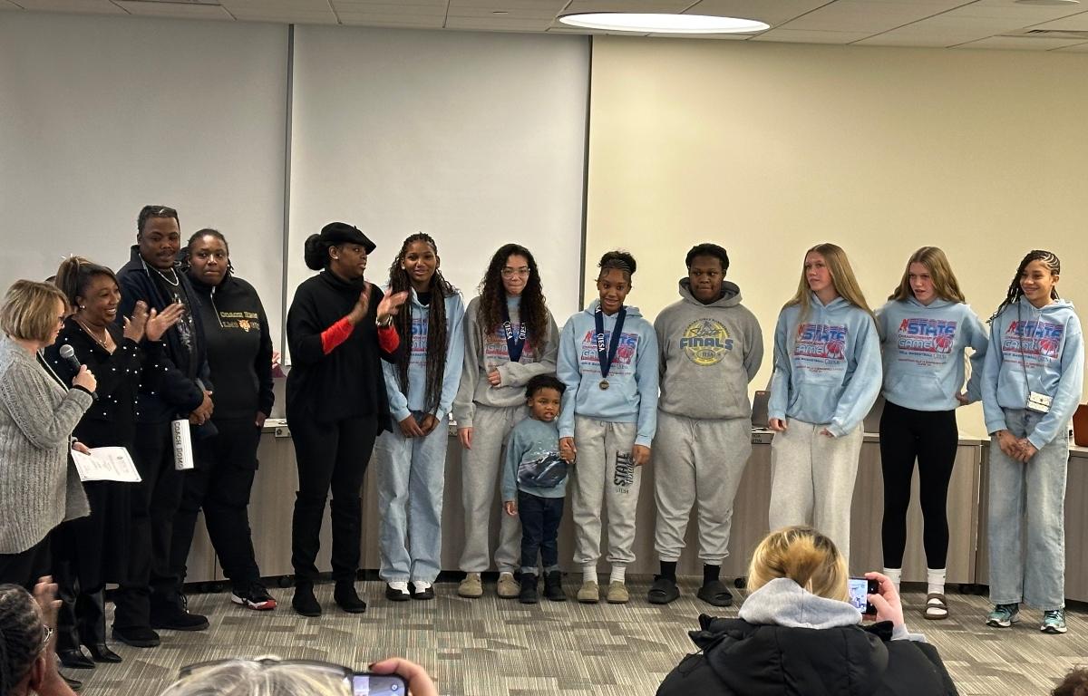 The 8th Grade Lincoln Magnet/Ball Charter girls basketball team was recognized by the District 186 School Board for having won the IESA Class 3A state tournament.