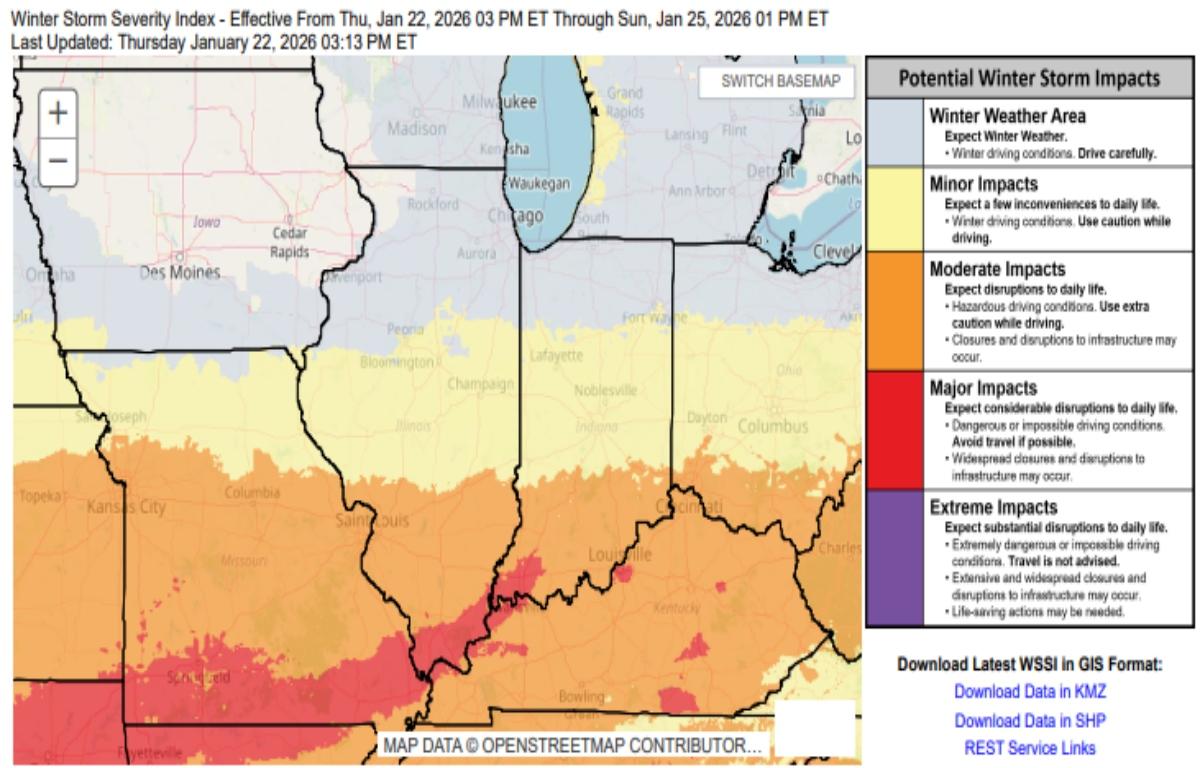 As of Thursday afternoon, the Winter Storm Severity Index from the National Weather Service.