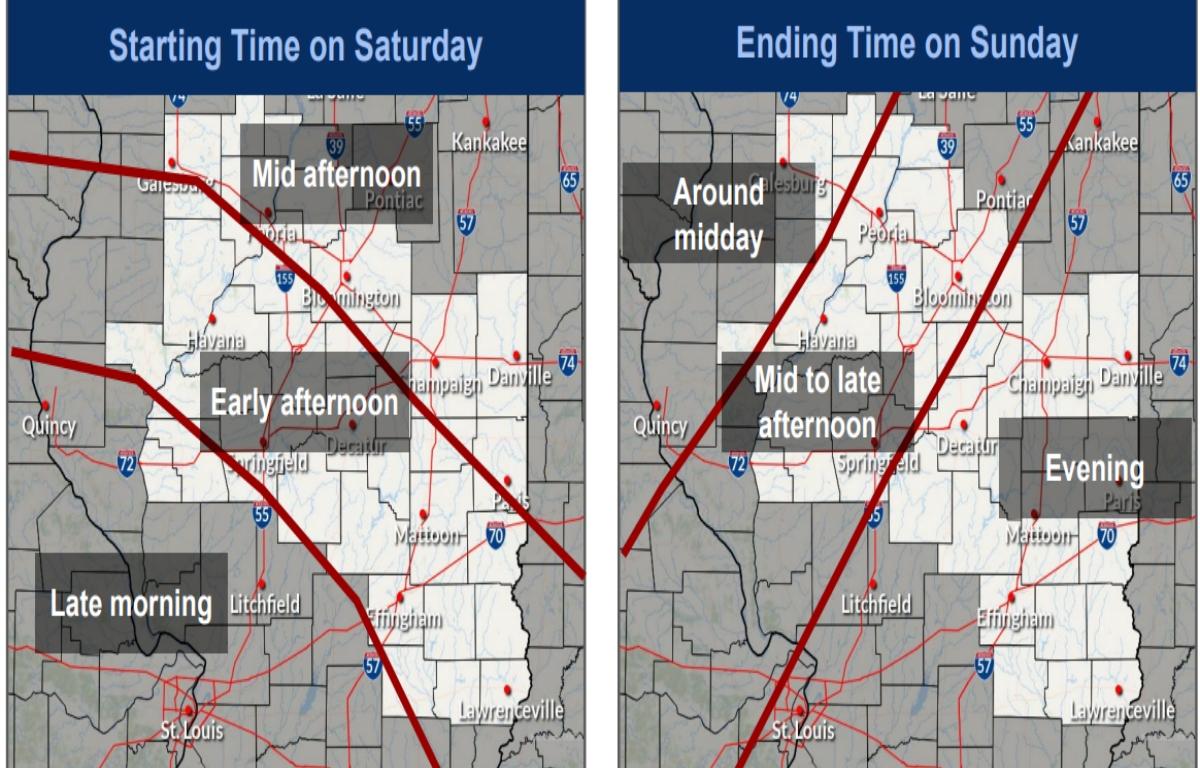When snowfall is expected to start and end across the National Weather Service Lincoln's forecast area.