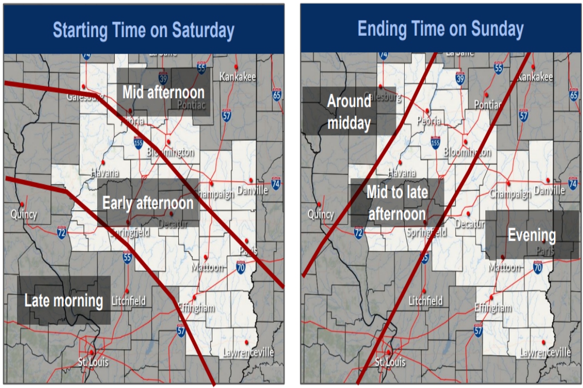 When snowfall is expected to start and end across the National Weather Service Lincoln's forecast area.