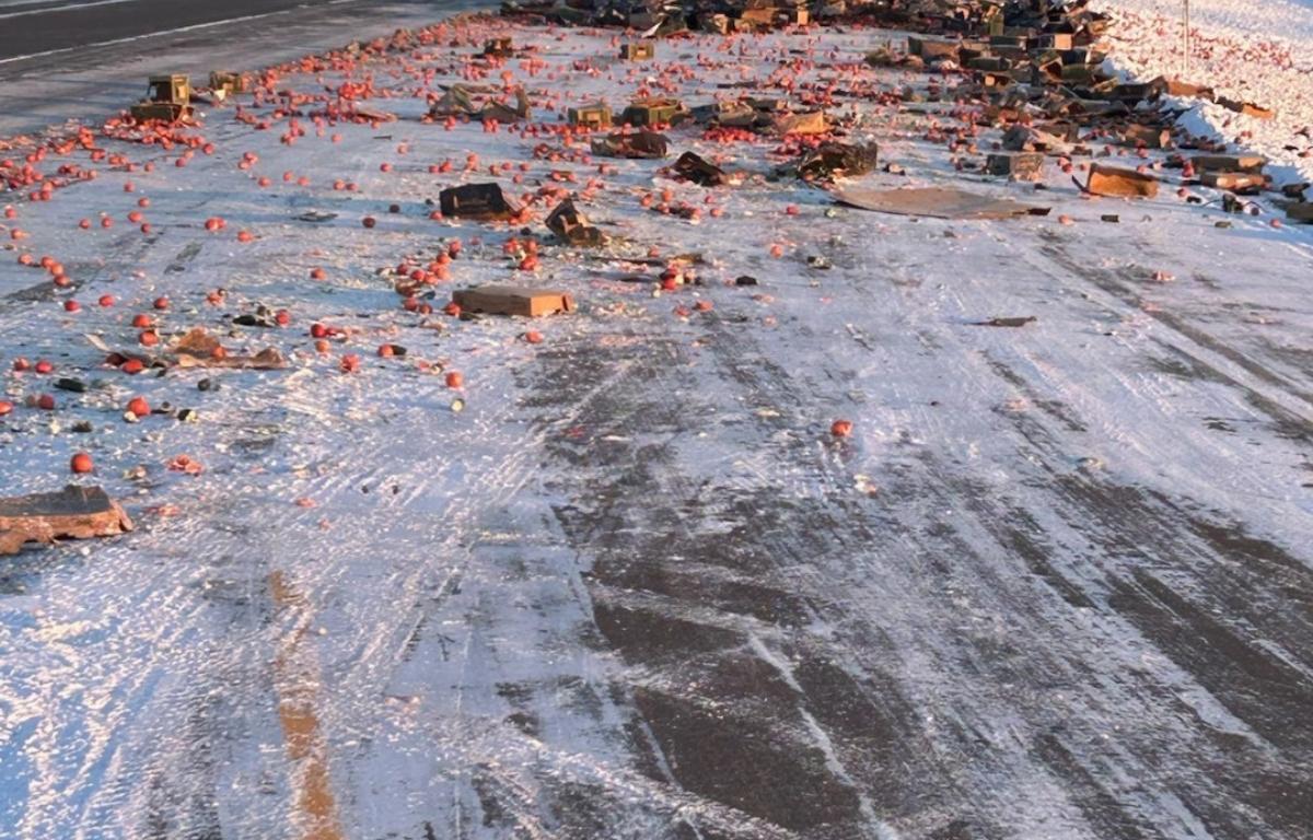 Tomatoes spilled on Interstate 55 in Springfield Monday.