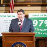 Gov. JB Pritzker is pictured in his Capitol office in 2019 during a news conference promoting a graduated income tax proposal. Voters rejected the constitutional amendment in 2020, and Pritzker says it’s no longer a legislative priority. (Capitol News Illinois file photo by Jerry Nowicki)