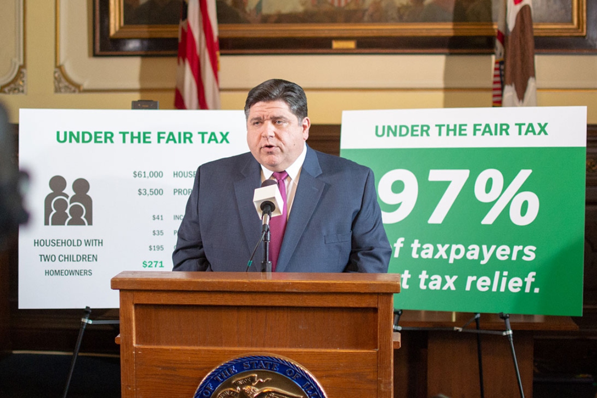 Gov. JB Pritzker is pictured in his Capitol office in 2019 during a news conference promoting a graduated income tax proposal. Voters rejected the constitutional amendment in 2020, and Pritzker says it’s no longer a legislative priority. (Capitol News Illinois file photo by Jerry Nowicki)