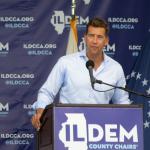 Alexi Giannoulias, now the Illinois secretary of state, speaks at a Democratic Party event in 2021. He’s being sued over a 40-year-old law governing which companies can use the word “Democrat” or “Republican” in their name. (Capitol News Illinois photo by Jerry Nowicki)