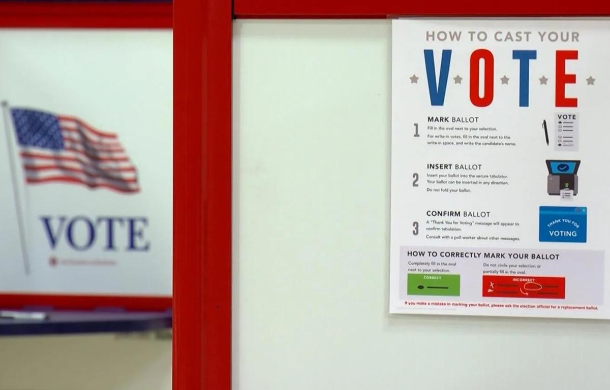A voting booth is pictured in Sangamon County. (Capitol News Illinois photo by Andrew Campbell)