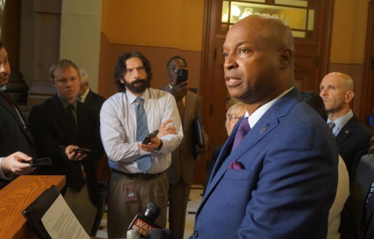 House Speaker Emanuel “Chris” Welch, D-Hillside, speaks to reporters outside his office on Oct. 15, 2025. (Capitol News Illinois photo by Peter Hancock)