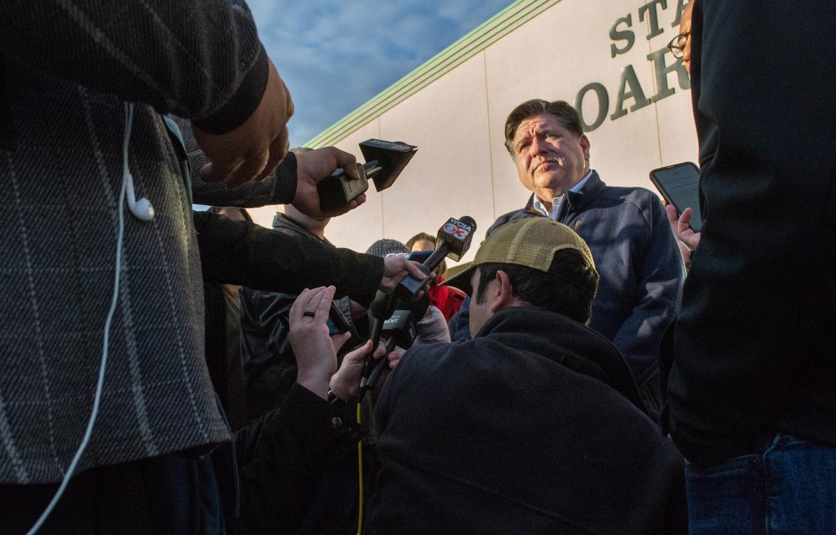 Gov. JB Pritzker takes questions from reporters outside the Illinois State Board of Elections in Springfield after filing petitions to run for a third term on Oct. 27, 2025. (Capitol News Illinois photo by Jerry Nowicki)