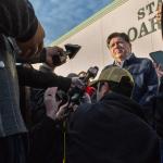 Gov. JB Pritzker takes questions from reporters outside the Illinois State Board of Elections in Springfield after filing petitions to run for a third term on Oct. 27, 2025. (Capitol News Illinois photo by Jerry Nowicki)
