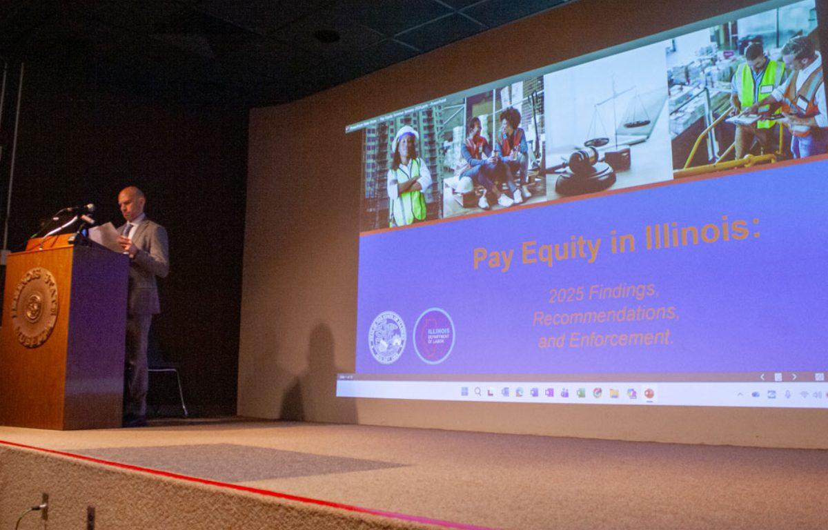 Jason Keller, assistant director of the Illinois Department of Labor, speaks at a seminar about recent findings of a report on pay equity in Illinois. The report is the first released since a 2021 amendment to the Equal Pay Act required certain business owners to report wage and demographic data. (Capitol News Illinois photo by Jenna Schweikert)